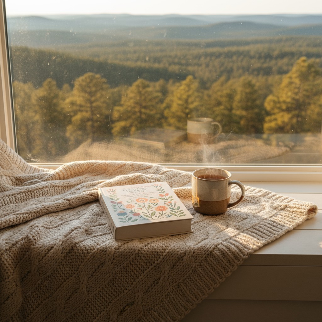 Matte coloured background with an assortment of natural outdoor scenery, a blanket, a book, and a coffee mug. The blanket ...